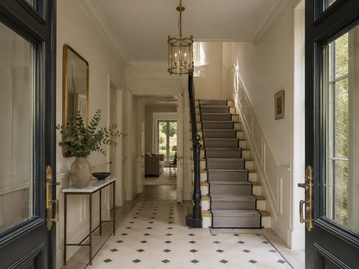Entrée après travaux, escalier et sol en carreaux de ciment